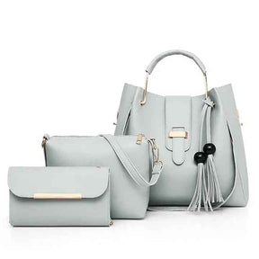 Women's PU Leather Plain Hand Bag Set - 3 Pcs Grey Collection for Ramadan Sale & Eid 2025 | Top Handle Design